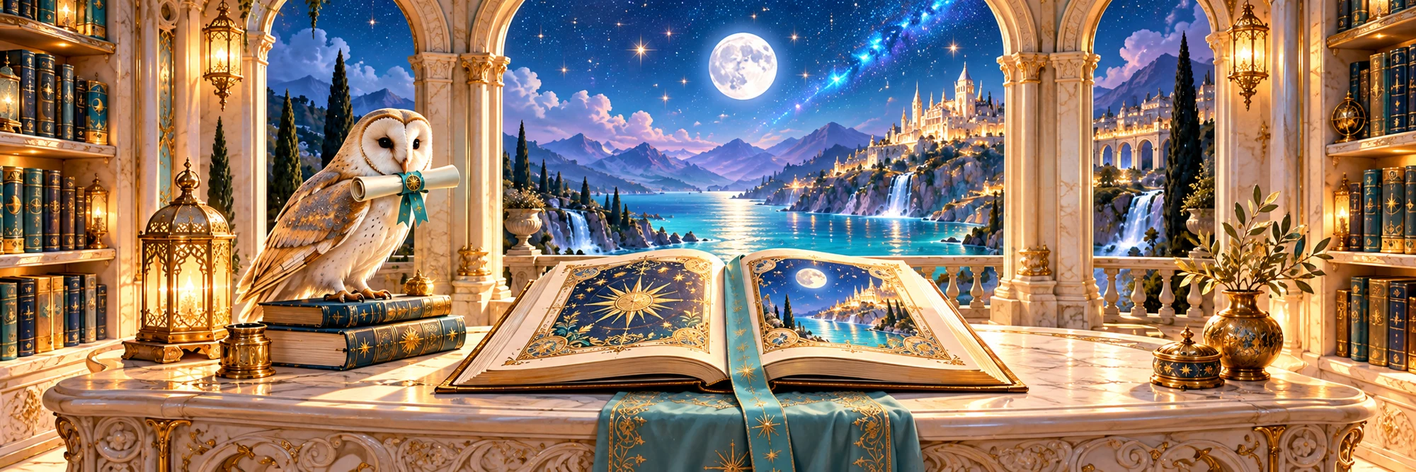An owl watches over an open illustrated book in a luminous library beside moonlit aqua water.