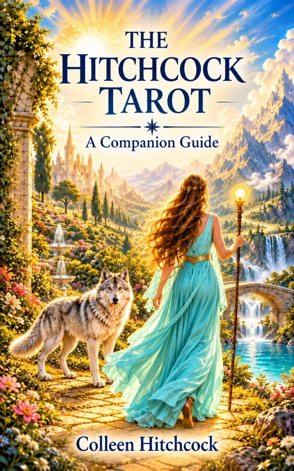 Hitchcock Tarot Cards: A Companion Guide by Colleen Hitchcock, featuring a woman in an aqua gown with a wolf