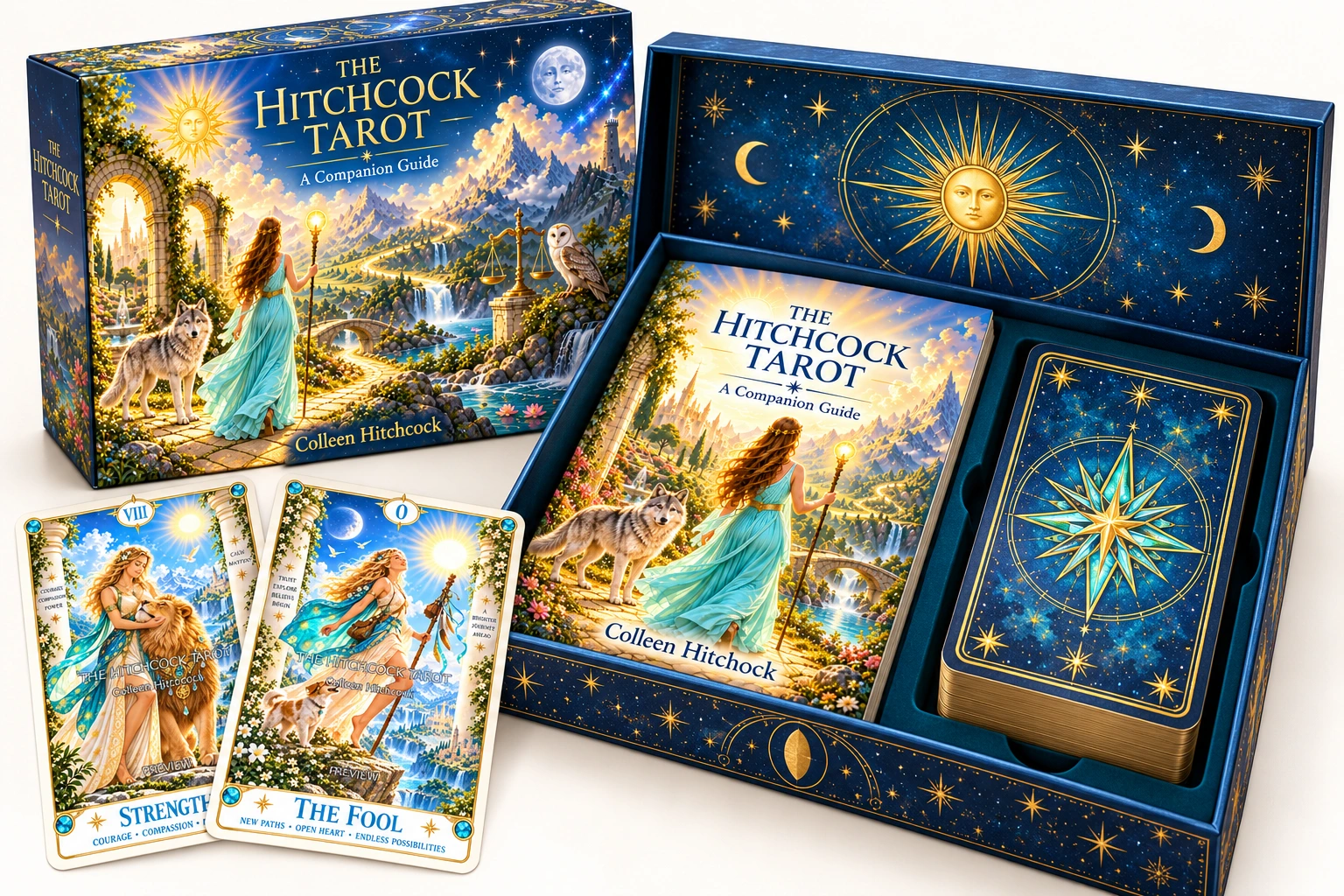 Packaging visualization of an open Hitchcock Tarot Cards box with the companion guide and cards inside, and cards displayed in front