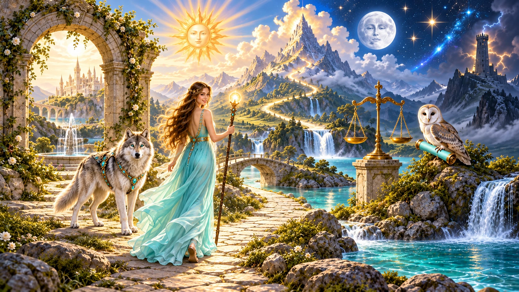A woman in an aqua gown and her jeweled wolf invite you along a river beneath the celestial sun and moon.