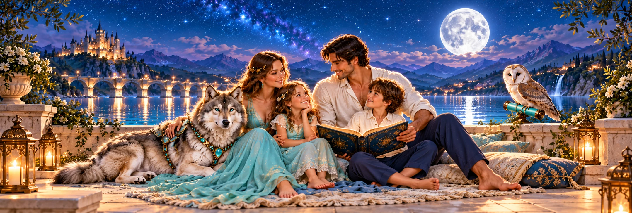 A family shares a book under a star-filled sky, with their wolf and owl beside the moonlit lake.