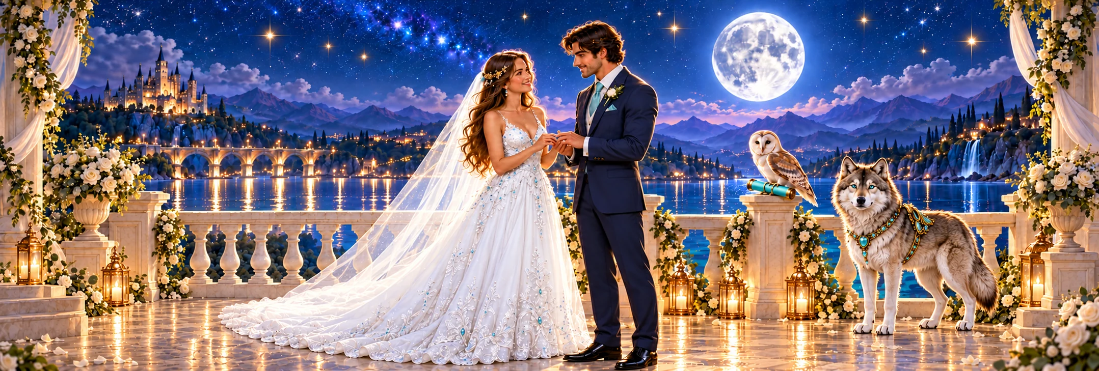 A bride in a white gown and her groom exchange vows by the moonlit lake, with their proud wolf and an owl holding an aqua scroll beside them.