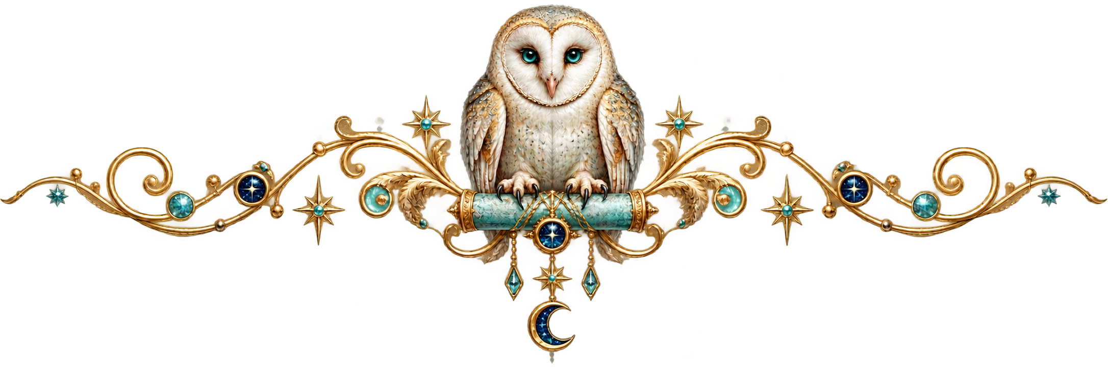 Cyrus the owl with an aqua scroll and gold celestial flourishes