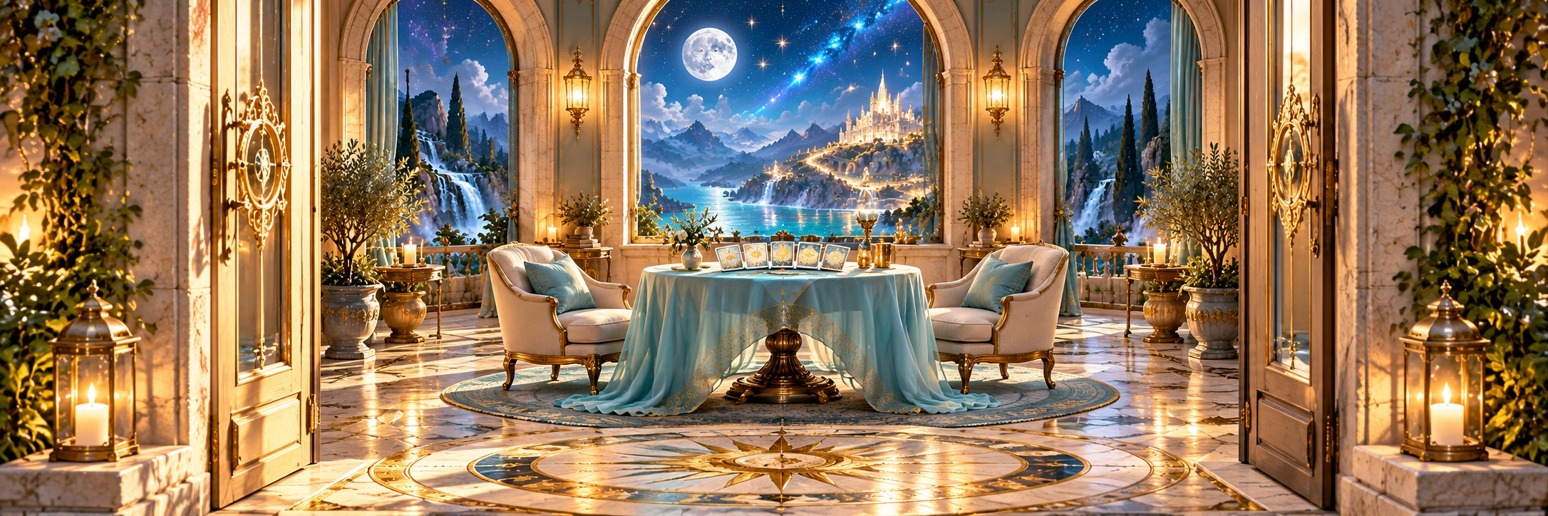 Open doors reveal a welcoming celestial reading room with an aqua-draped table.