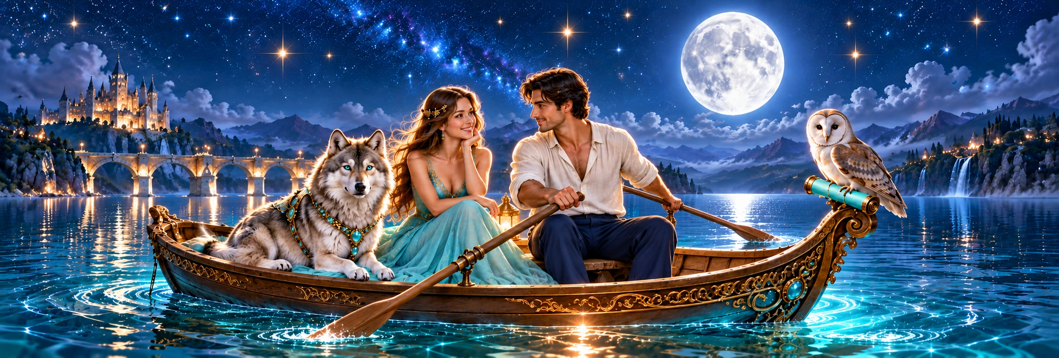 An affectionate couple enjoy a moonlit boat ride with their aqua-eyed wolf and owl; the man rows beneath a midnight sky.