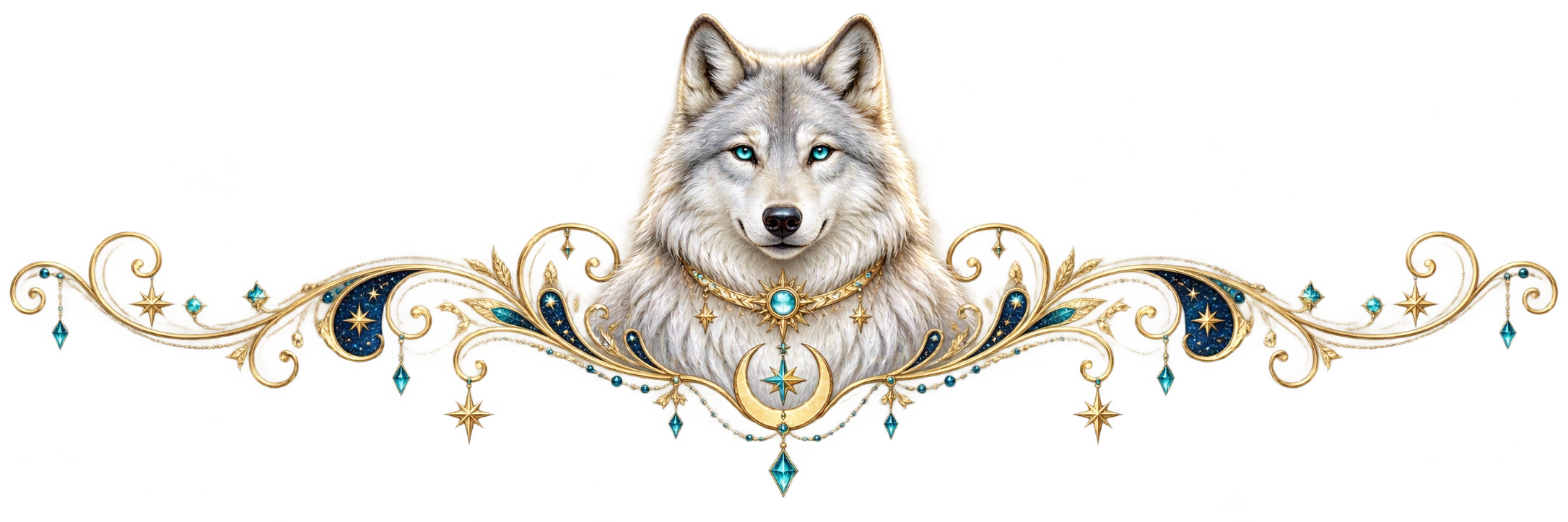 Niko, a silver wolf with aqua eyes framed by gold celestial flourishes