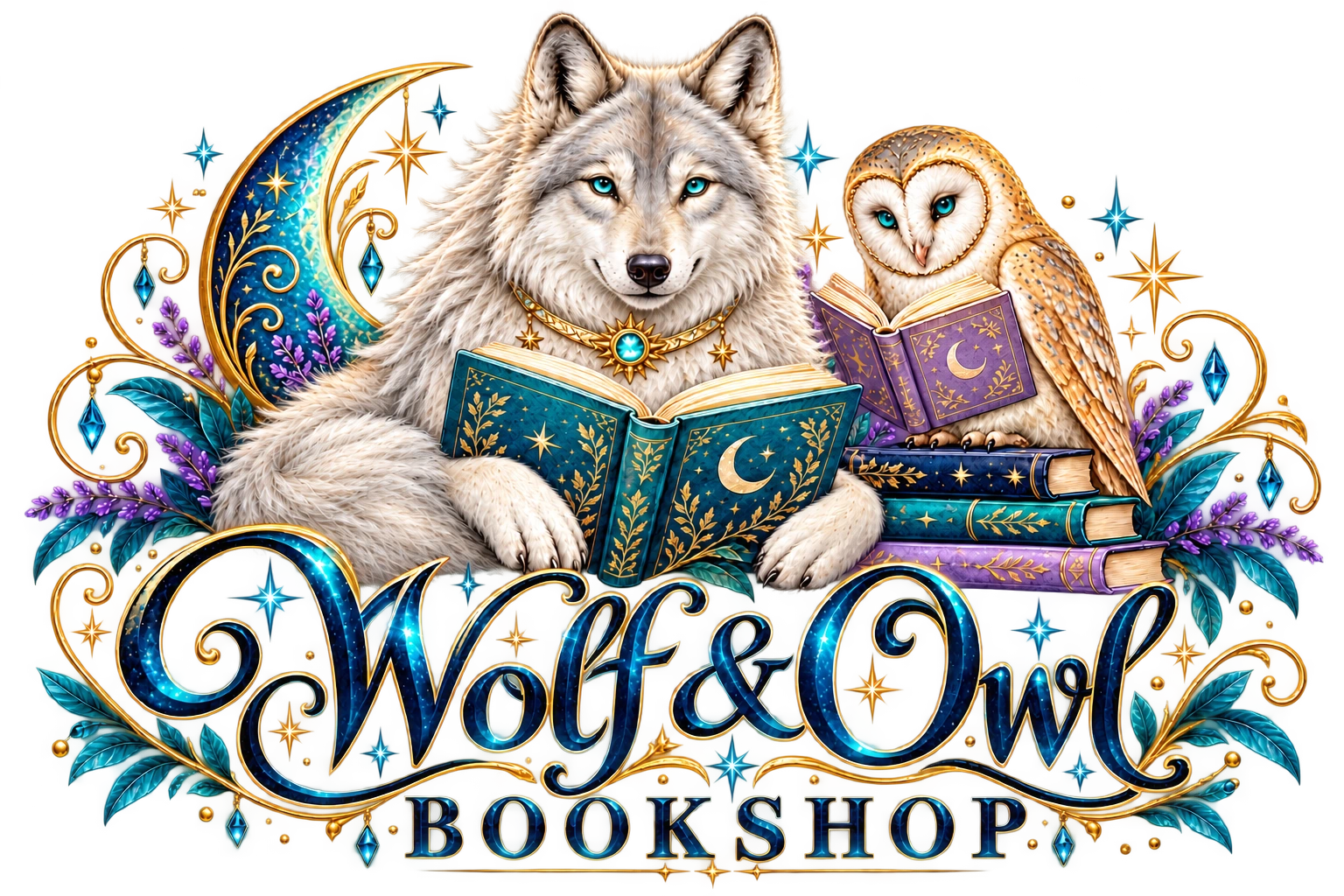 Wolf & Owl Bookshop — Niko the wolf and Cyrus the owl reading books
