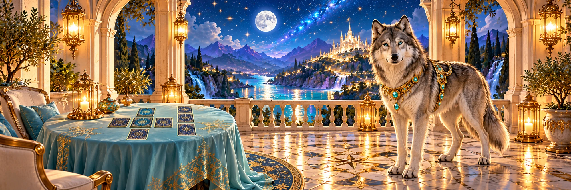 An aqua-eyed wolf with a gemstone harness welcomes you onto a moonlit tarot terrace.